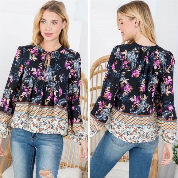 Floral & Geo Border Print Top main image 0